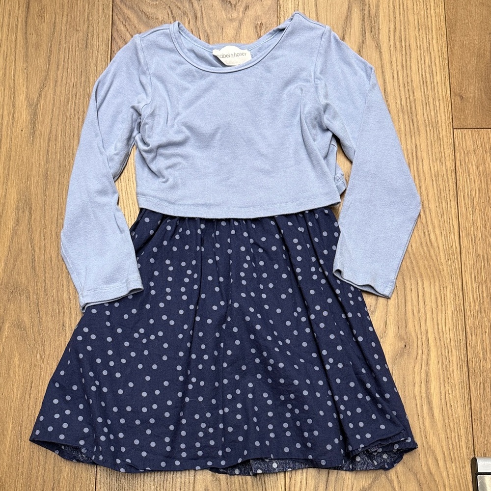 Blue Long Sleeve Dress with Polka Dot Skirt